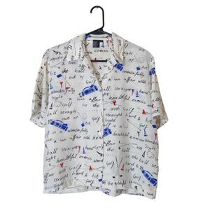 Vintage Ishyu Silk Preppy Golf Graphic Short Sleeve Blouse Camp Shirt Size 4